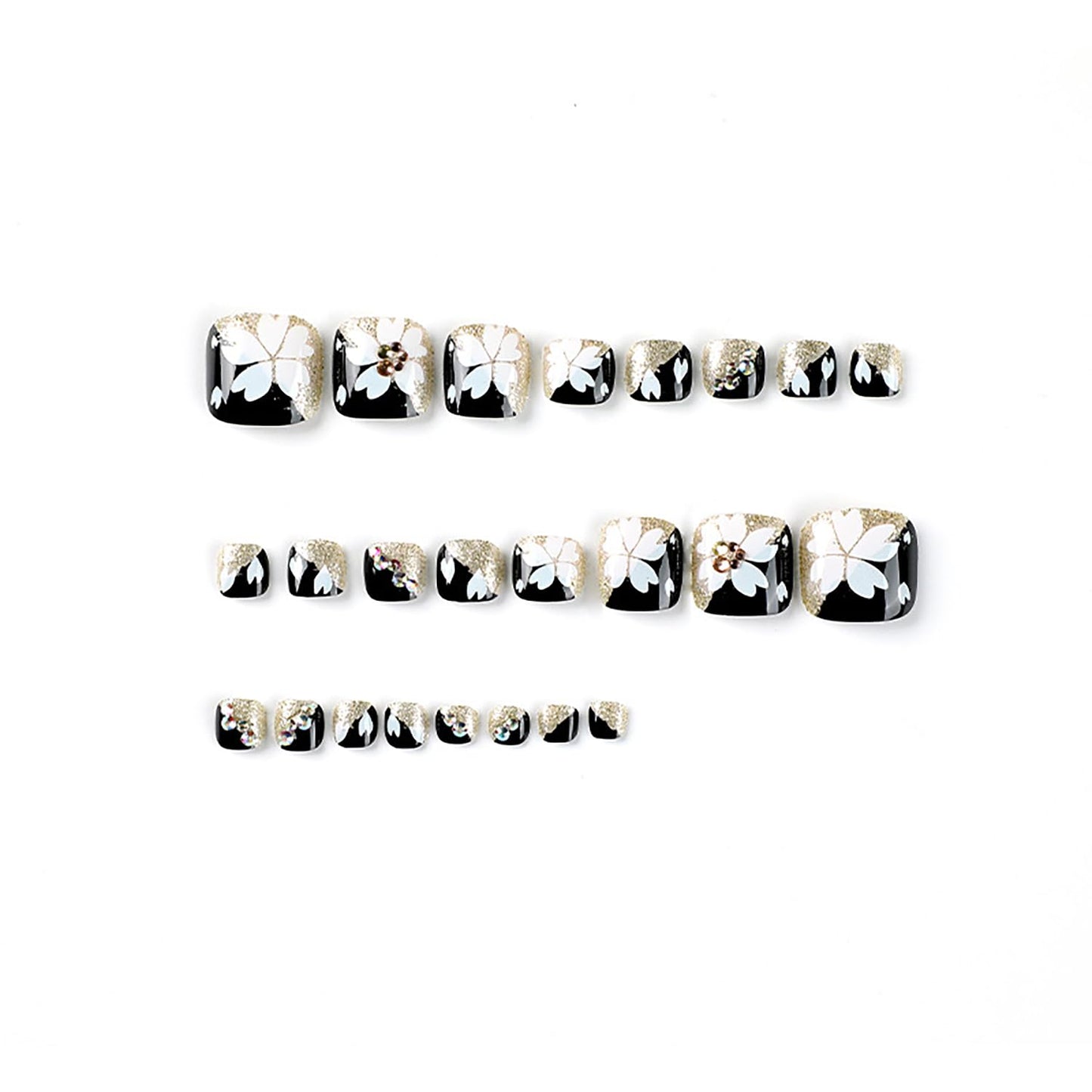 Black Artificial Acrylic Fake Nails for Toe, Press on Toenails Coffin with White Flower Designs, Full Cover Reusable False Toenails with Glue, Glue on Toe nails with Charm for Women Girls（JP2336）