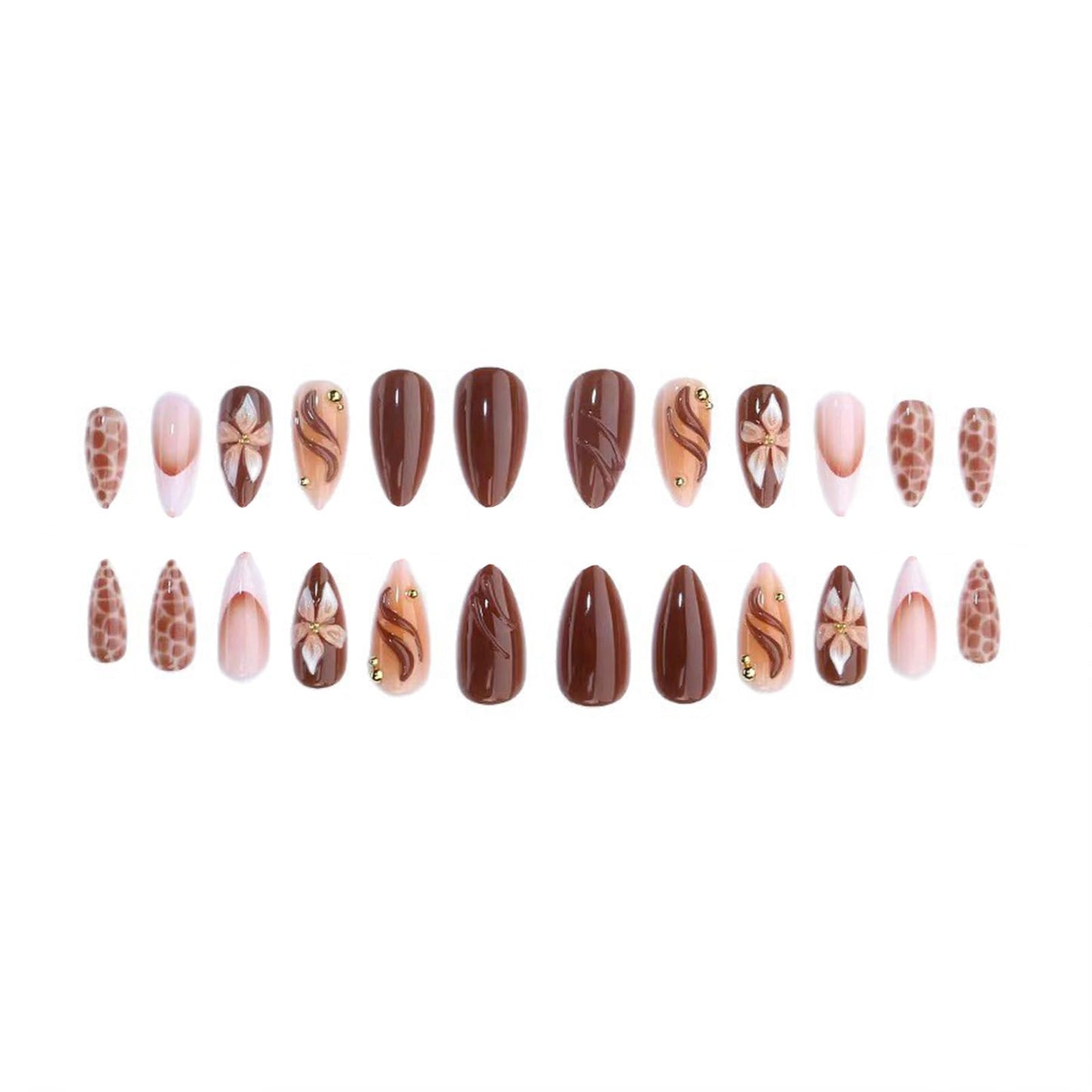 SINHOT Press on Nails - Medium Almond Fake Nails, Glossy Finish, 3D Flower & Brown Swirl, DIY Artificial False Nail Art - 24 Pcs Nail Kit with Glue