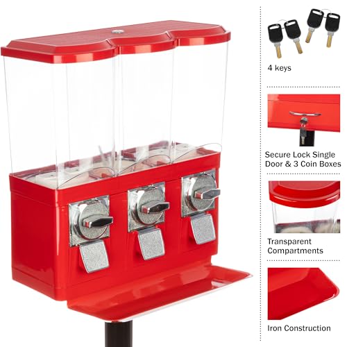 Gumball Machine - Triple Candy Machine Dispenser for Gumballs, Capsules, and Candy - Vending Machines for Business by Great Northern Popcorn (Red)