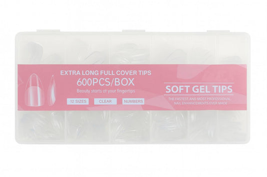 600PCS Extra Long Full Cover Soft Gel Nail Tips – 12 Sizes Clear Fake Nails with Numbers – Professional Refill Box for Nail Extension, DIY Nail Art, Salon and Home Manicure (Coffin, Clear)