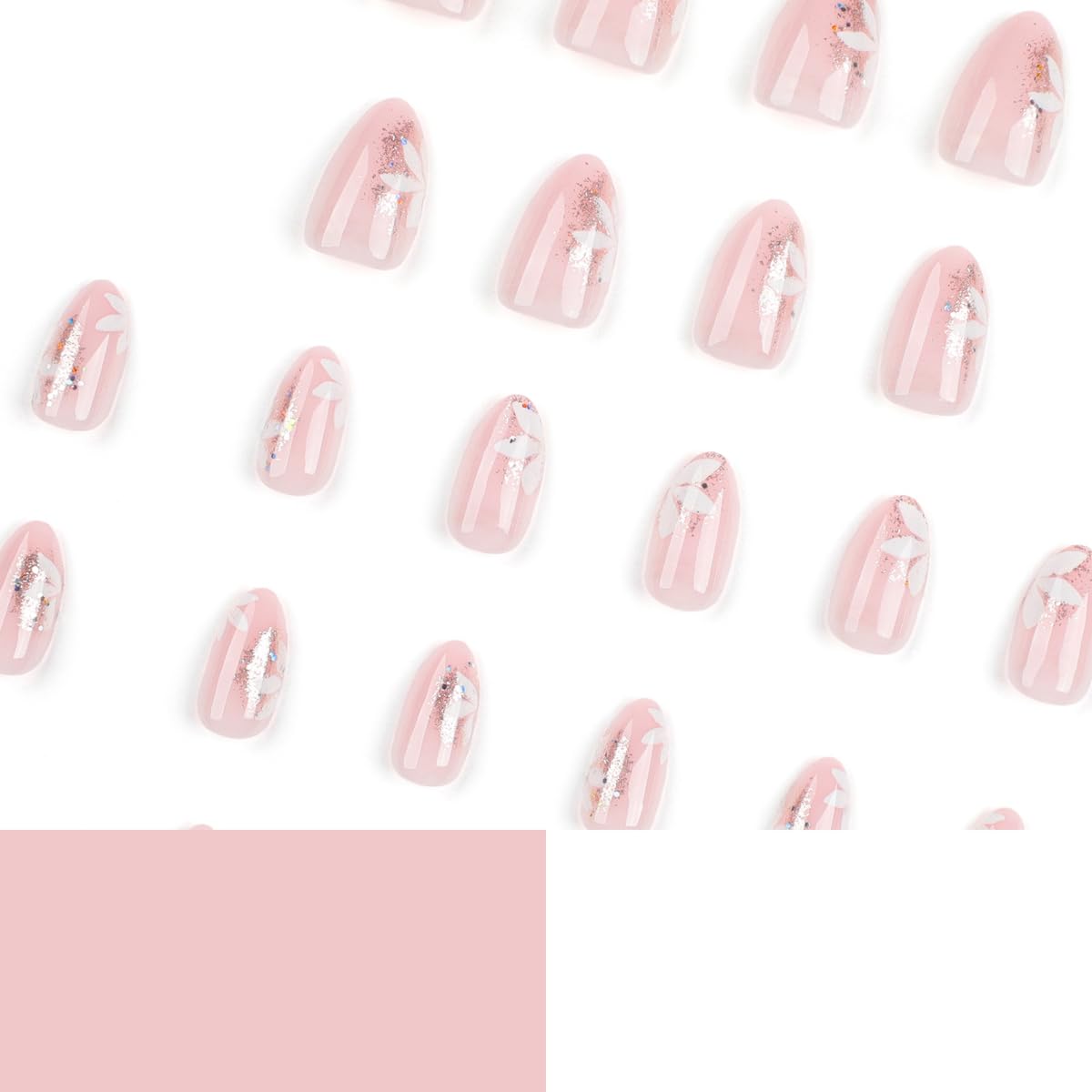 Flower Press on Nails Medium Almond Fake Nails Nude Nails Press ons with Floral Design,Reusable & Easy Apply Full Cover Stick on Nails for Women Girls Manicure 24Pcs