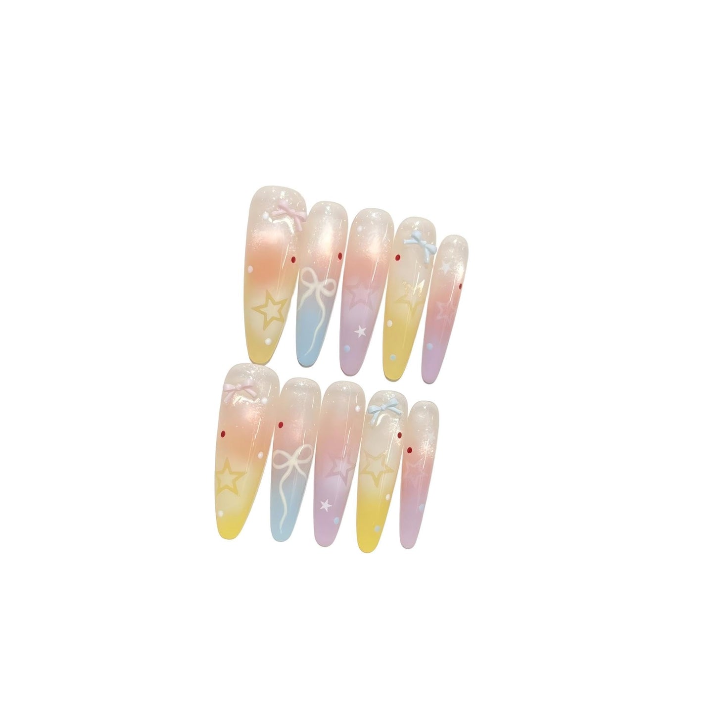 Dreamy Pastel Ombre Press On Nails, Star & Bow Embellished Extra Long Stiletto Fake Nails, Reusable Manicure Set (S)
