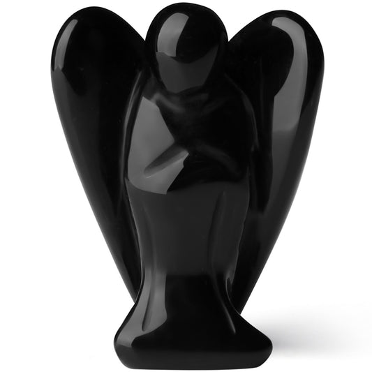 YATOJUZI 2" Black Obsidian Angel Decor Healing Crystals Polished Natural Stone Sculpture Statue Hand Carved Cute Figurines Energy Reiki Home Room Office Desk Decoration Guardian Gifts for Women Men