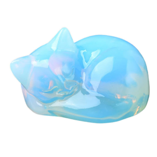 RUIJINGYUAN Opal Cat Statue - 2 Inch Hand Carved Healing Crystal Figurine, Sleeping Cat Stone Sculpture for Desk Decor, Office Home Gift for Cat Lovers