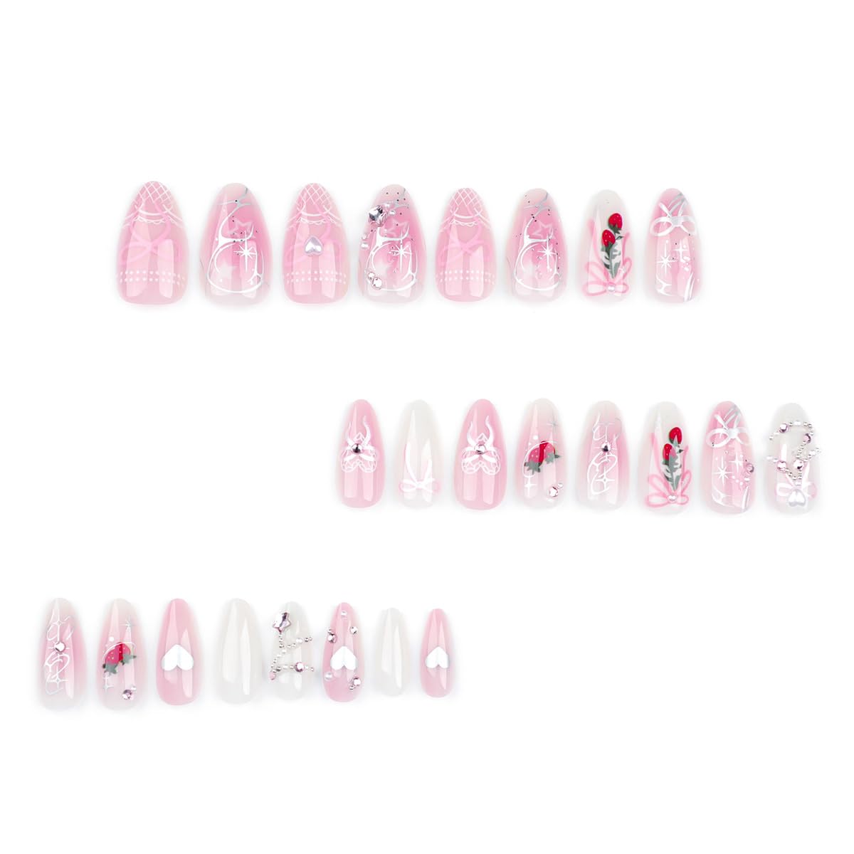 Long Almond Press on Nails French Tip Pink Fake Nails Bow Rhinestones with Strawberry Pattern Design Pearl False Nails Heart Stick on Nail Full Cover Reusable Acrylic Nail Art for Women 24 Pcs