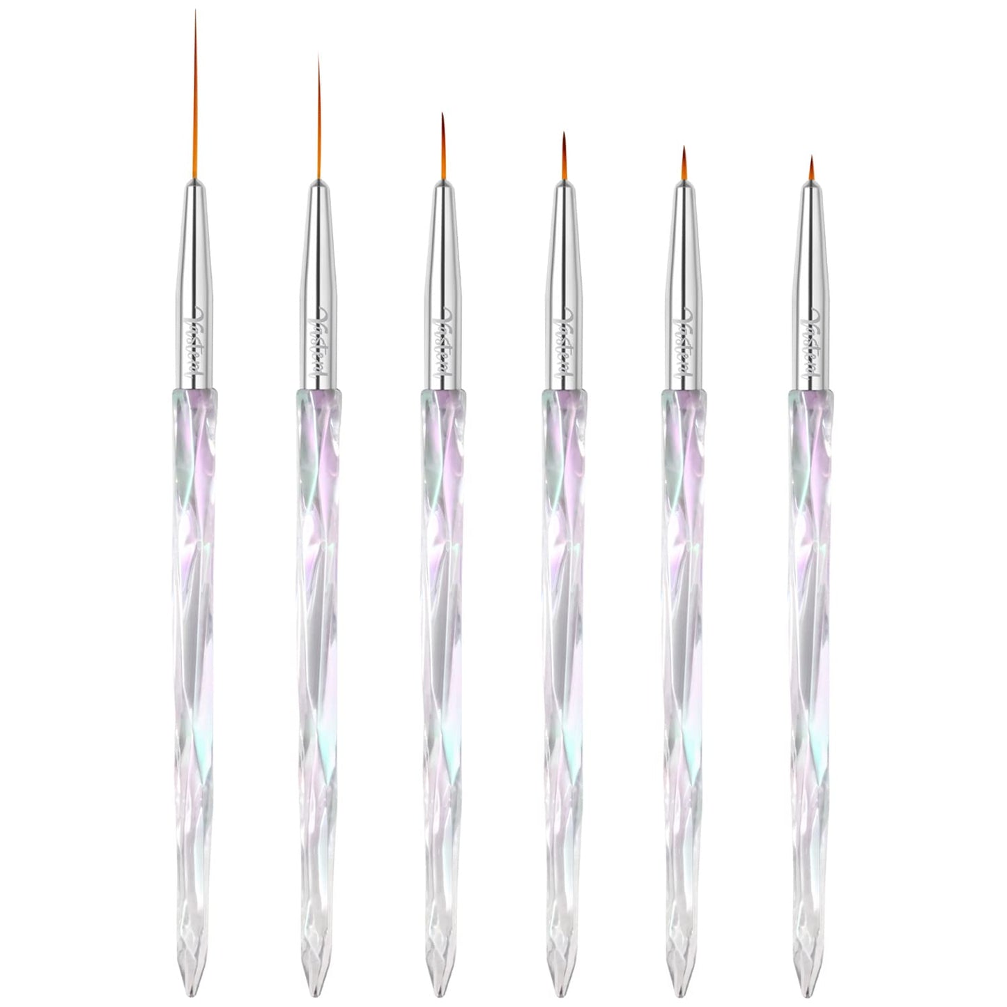 Yasterd Nail Art Liner Brushes, UV Nail Gel Polish Painting Nail Art Design Brush Pen Set for Long Lines, Short Strokes, Details, Blending, Elongated Lines Sizes 5/7/9/11/20/25mm Crystal Handle 6Pcs