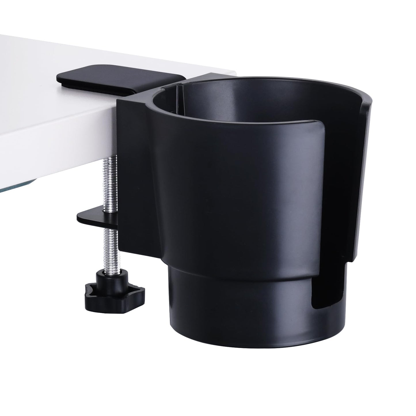 Universal Large Desk Cup Holder Clamp on, Heavy Duty Plastic Drink Holder for Table, Porch Swing, Patio Chair, Clip On Anti-Spill Bottle Holder for Most Cups, Bottles, Cans, Tumbles, Black, Pack of 1