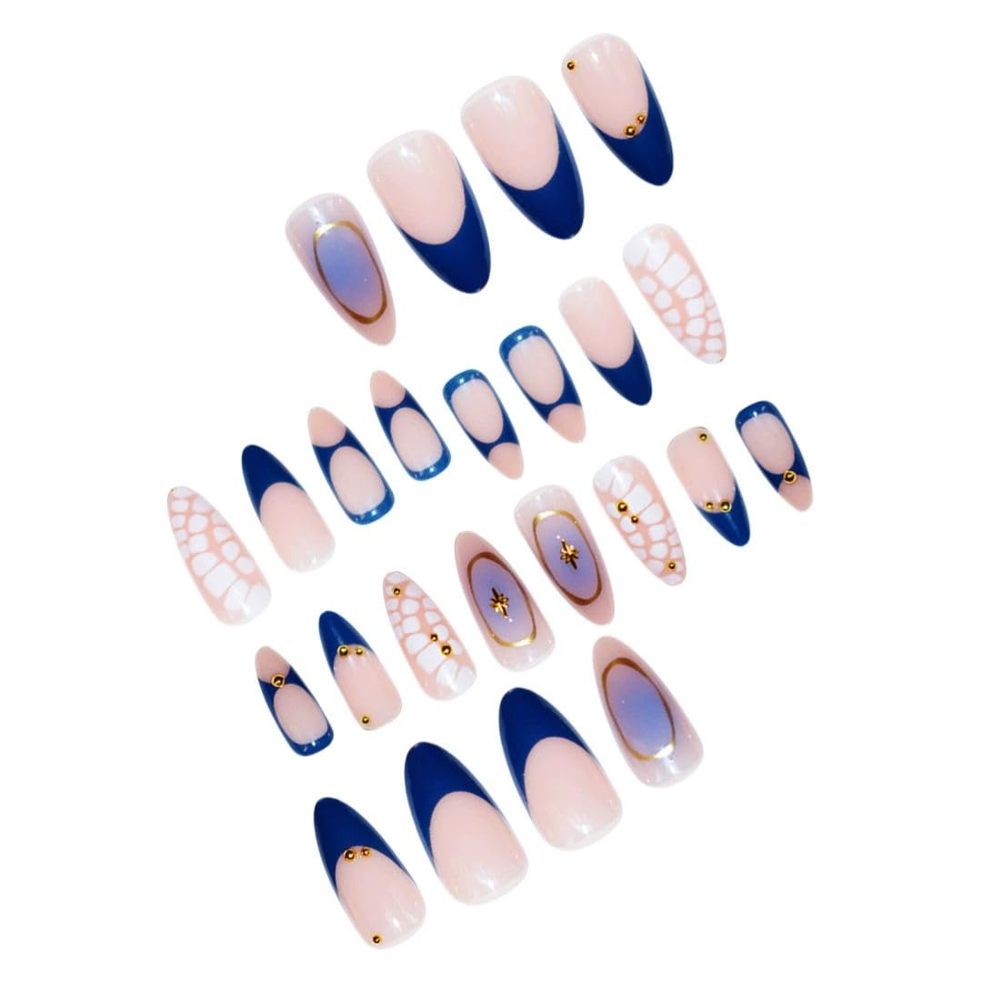 Gleamrain Almond Press on Nails Medium with French Design Blue Glue on Nail for Women Summer Vacation 24pcs