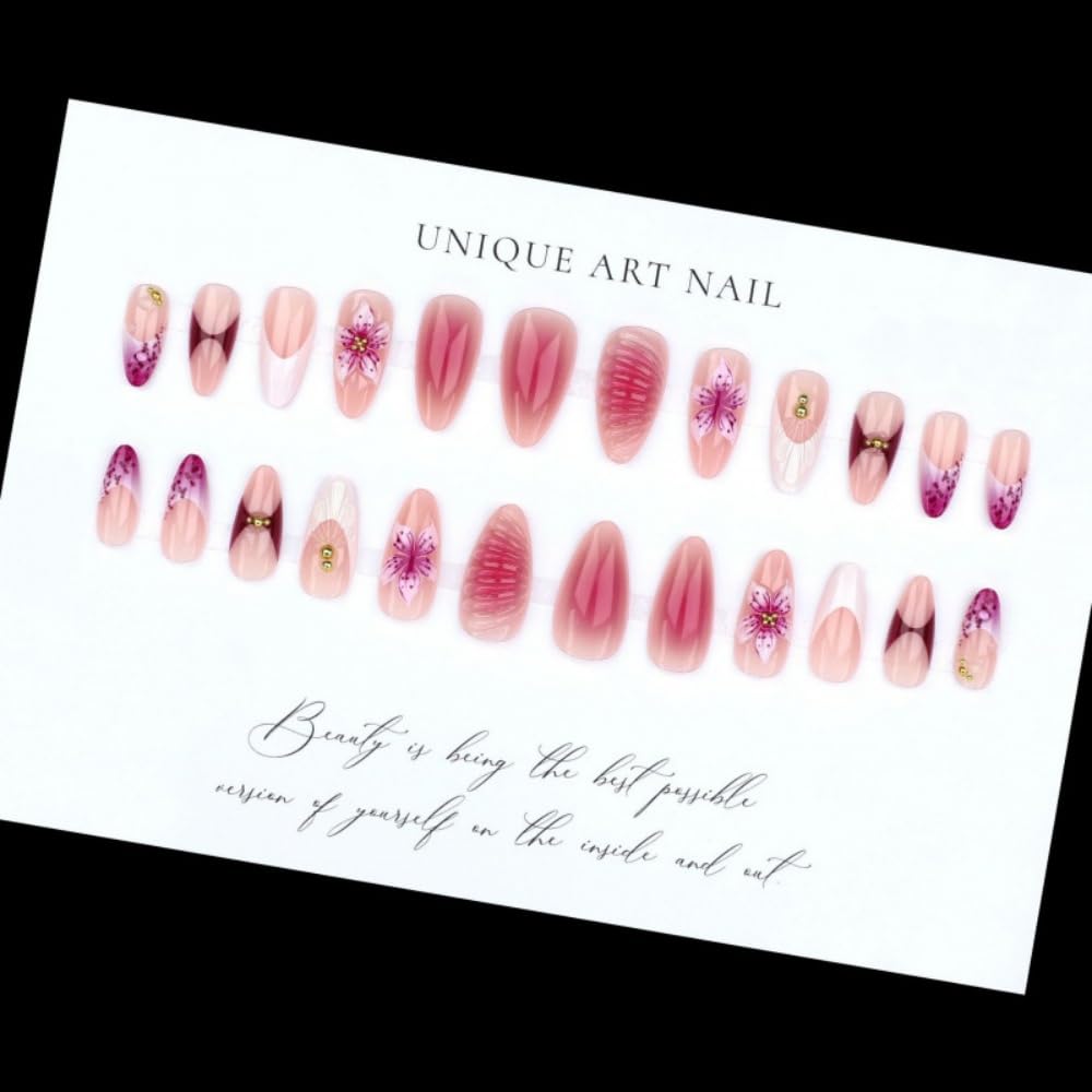 Almond Press on Nails Medium Nails Press on with Purple Bow Design Glossy White French Tips Glue on Nails Ombre Water Ripple Fake Nail Reusable Winter Xmas False Nail for Women Manicure 24Pcs