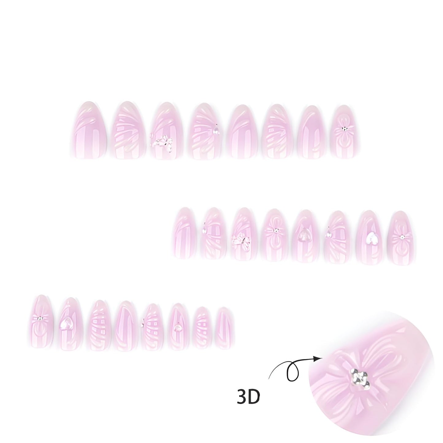 3D Flower Press on Nails Medium Almond Fake Nails Heart Butterfly Nails Press Ons Glossy Full Cover False Nails Purple Glue on Nail Acrylic Stick on Nails for Women Decorations Set 24Pcs