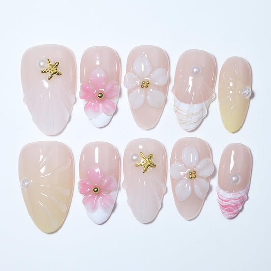 10 Short Almond Handmade Press On Nails | Coastal-Inspired 3D Floral & Starfish Nude & Pearl Accent False Nails,New styles | Skip Salon Trips, Easy to Apply & Remove, Reusable (251107, S)