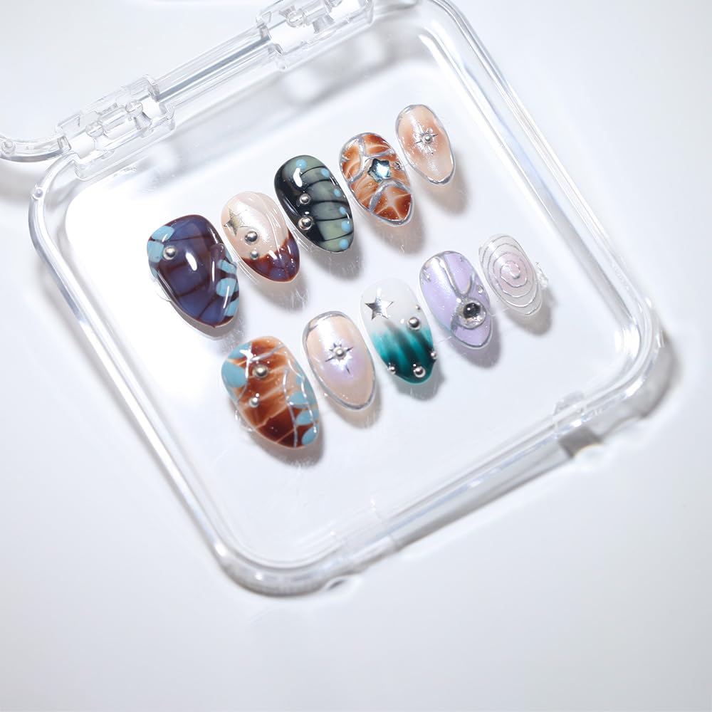 10 Short Almond Handmade Press On Nails | 3D Floral Dopamine Sweet & Edgy Design with Snake Pattern, Marbling & Silver Gilding | Skip Salon Trips, Easy to Apply & Remove, Reusable (251112, XS)