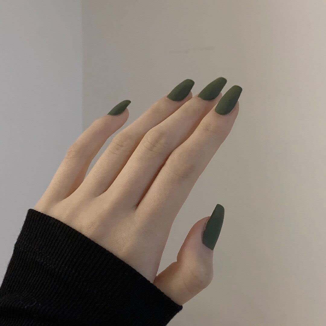 DARKMXTR Matte Green Press-On Nails, Long Almond Fake Nails with Adhesive Tabs & Glue for Women (24 Pcs)