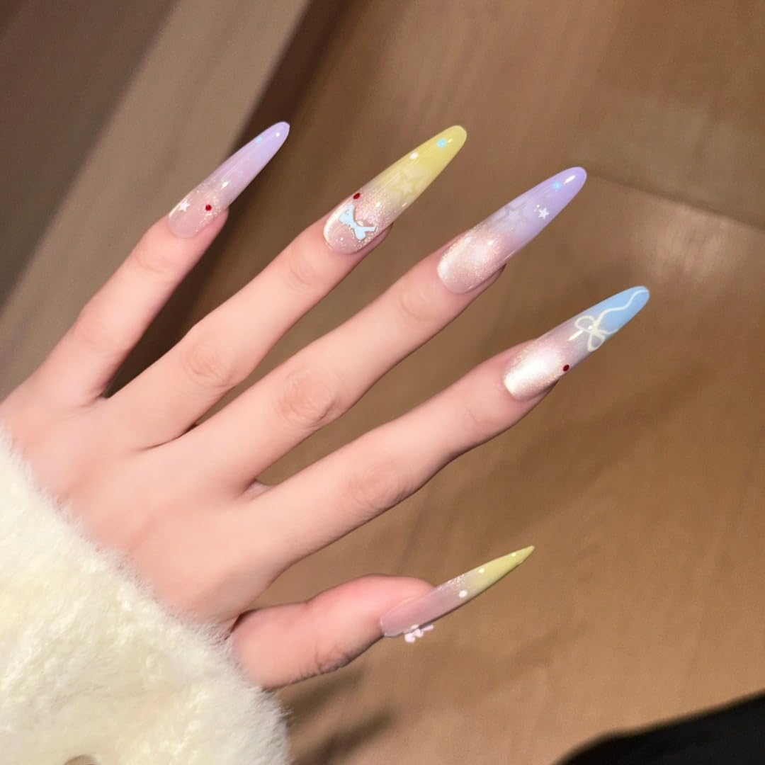 Dreamy Pastel Ombre Press On Nails, Star & Bow Embellished Extra Long Stiletto Fake Nails, Reusable Manicure Set (M)