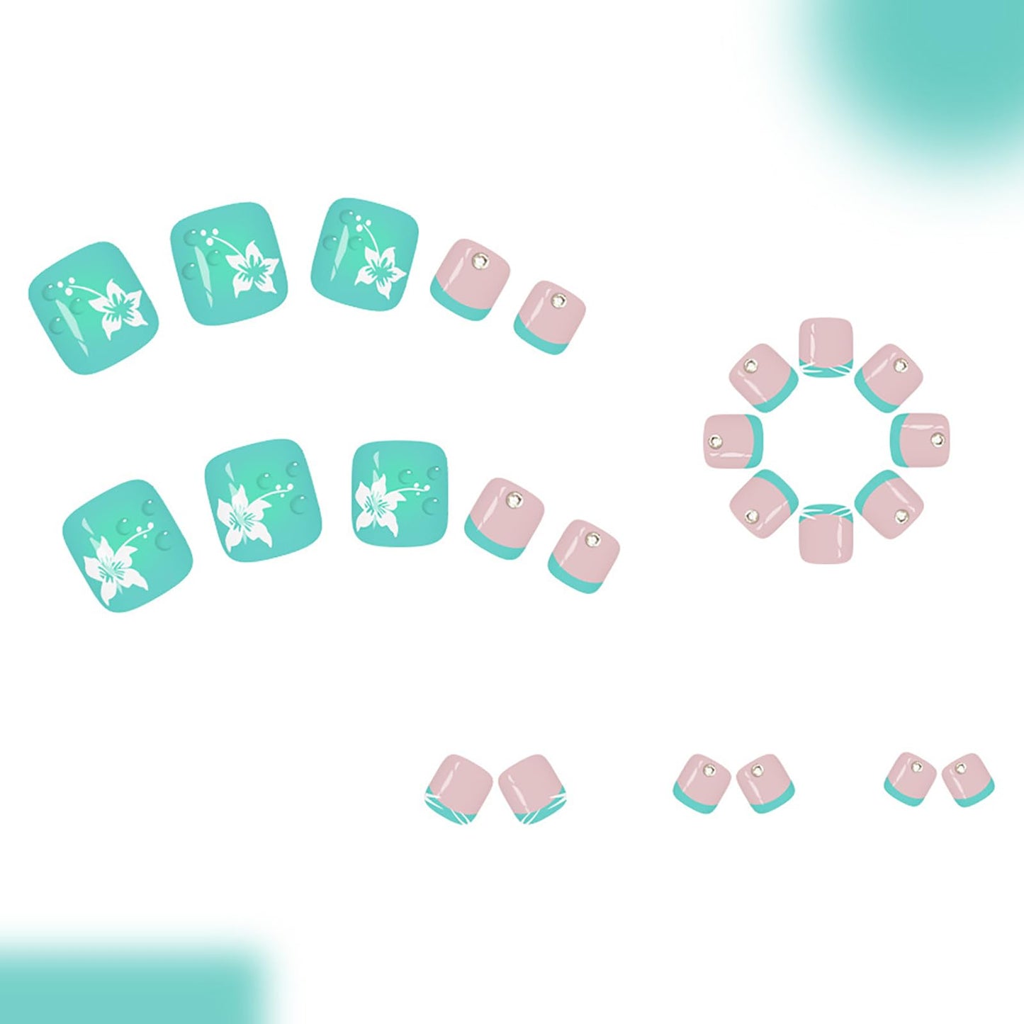 24Pcs Summer Press on Toenails,Short Square Fake Toe Nails with White Flower Rhinestones Designs Cyan French Tips Toe Nail Press Ons Full Cover Acrylic Glossy False Toenails for Women