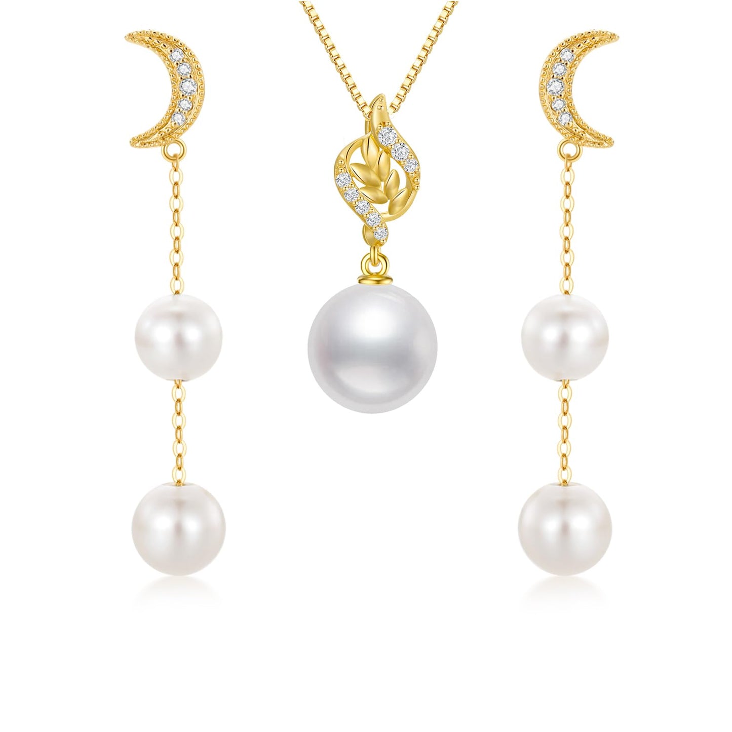 14K Gold Diamond Moon Pearl Earring and Leveas Pearl Necklace Set for Women, Fine Jewelry for Her