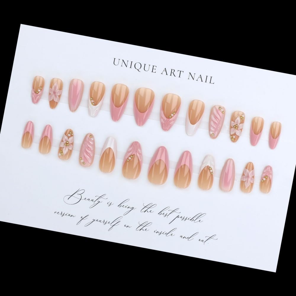 Almond Press on Nails Medium Nail Press on with 5D Pink Flower Charm Design Glossy White French Tips Acrylic Nails Rhinestones Pearl Fake Nails Spring Summer Glue on Nail for Women Manicure 24Pcs