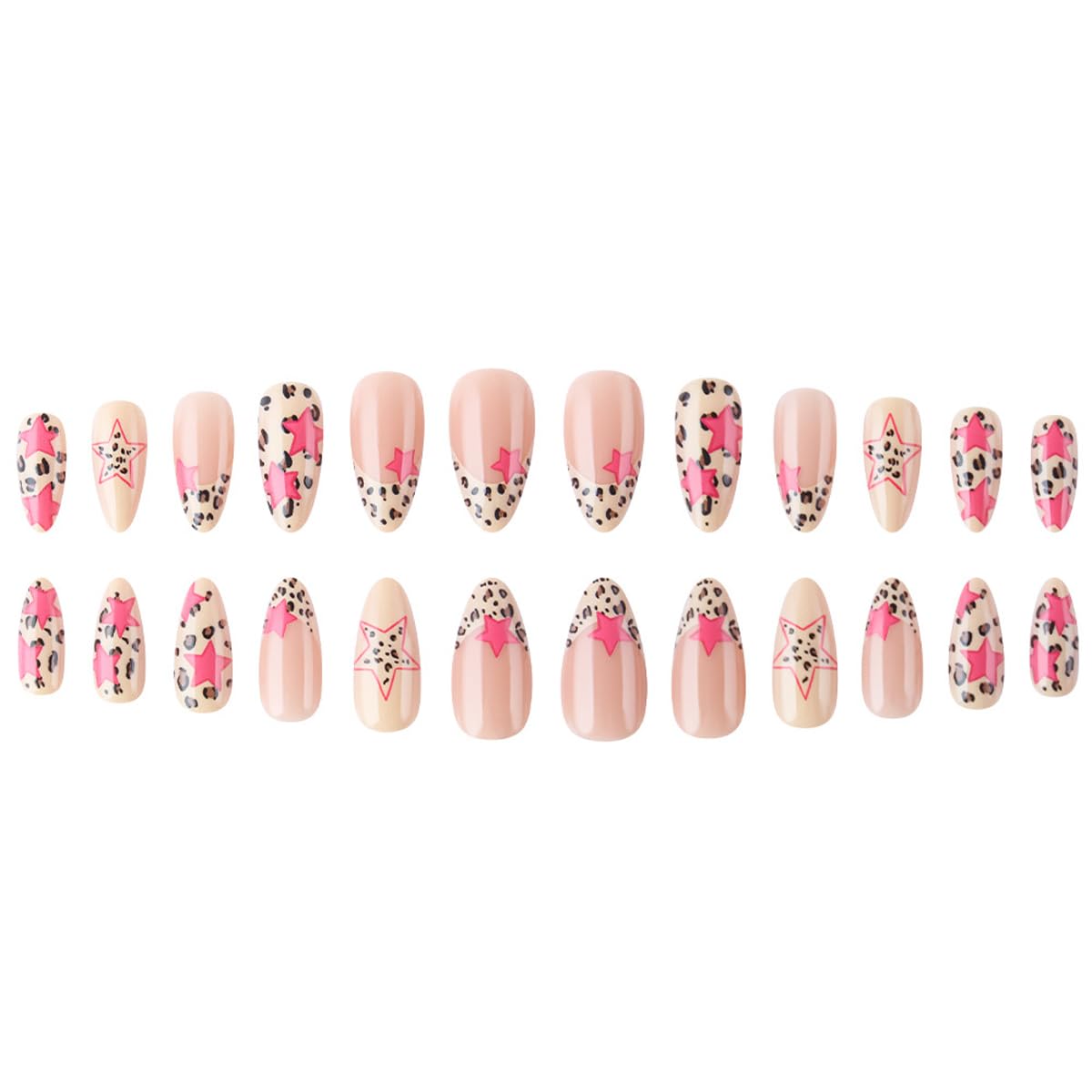 Leopard Print Press on Nails - Medium Almond Fake Nails Press ons with Pink Star Design, Leopard French Tip False Nails, Full Cover Stick on Nails for Women Manicure, Glossy Finish | 12 Sizes - 24 Pcs
