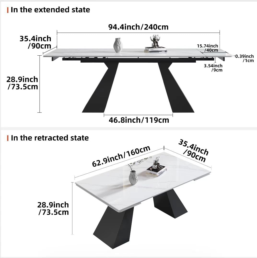 62.9" to 94" Modern Sintered Stone Luxury Rectangular Dining Table for 6-8 People, White Top with Black Base, Contemporary Style for Living Room