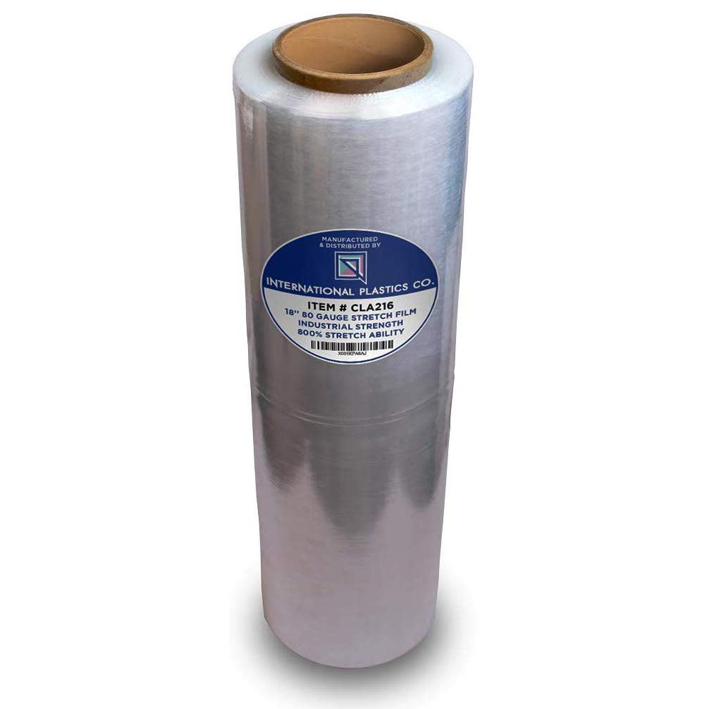 International Plastics Co. 18" Stretch Film/Wrap 1500 feet 7 Layers 80 Gauge Industrial Strength up to 800% Stretch 20 Microns Clear Durable Adhering Packing Moving Heavy Duty Shrink Film Box of 4