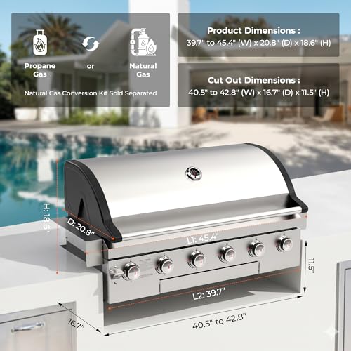 Flintex 40 Inch Built-in BBQ Gas Grill (NG/LPG Convertible), 6-Burner Outdoor Kitchen Gas/Propane Grill with Griddle Combo, Stainless Steel Built-in Outdoor BBQ Grill for Outdoor Kitchen