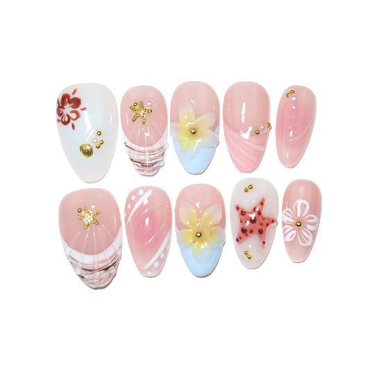 10Pcs Short Almond Handmade Press On Nails | Easy Apply & Remove, Reusable Salon Quality Nails | Fresh Nude Pink Fake Nails with 3D Floral, Starfish & Seashell Accents (RR08, M)