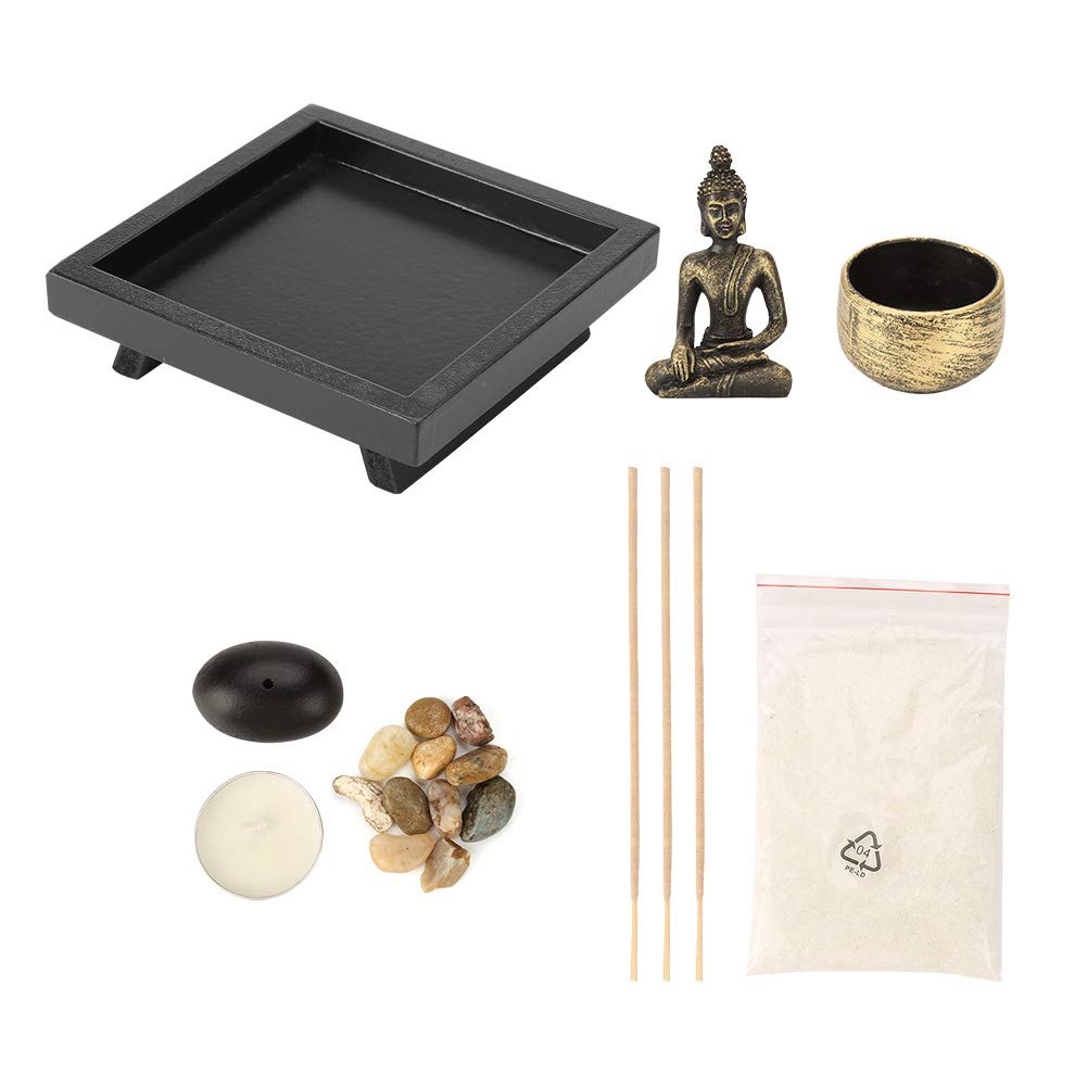 Desktop Zen Garden Kit, Mini Buddha Statue Tealight Candle Holder Ornament for Yoga Meditation Home Table Decor Gift