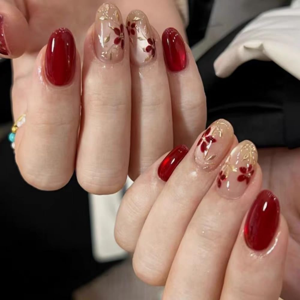Cat Eye Press on Nails Short Almond Fake Nails with 3D Gold Flowers Design Glossy Red Glitter Glue on Nail Floral Nails Press ons Reusable Full Cover Spring Summer Nail for Women Manicure 24Pcs