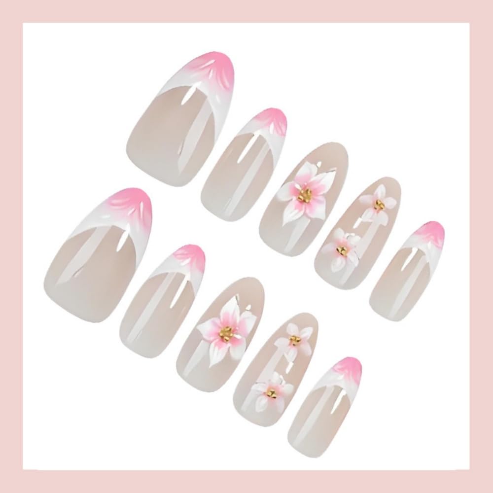 Almond Press on Nails Short Fake Nails with 5D Flower Charm Design Glossy Pink White French Tips Acrylic Nail Ombre Nail Press ons Reusable Cute Spring Summer False Nail for Women Manicure 30Pcs