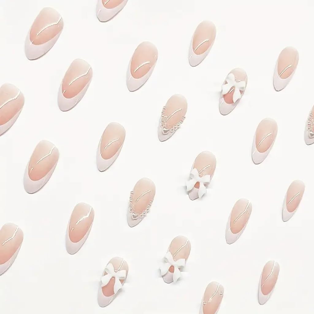 Almond Press on Nails Medium Fake Nails White French Tip False Nails with 3D Bow Charms Design Glue on Nails Pearl Full Cover Stick on Nails Elegant Artificial Nails for Women Manicure 24Pcs