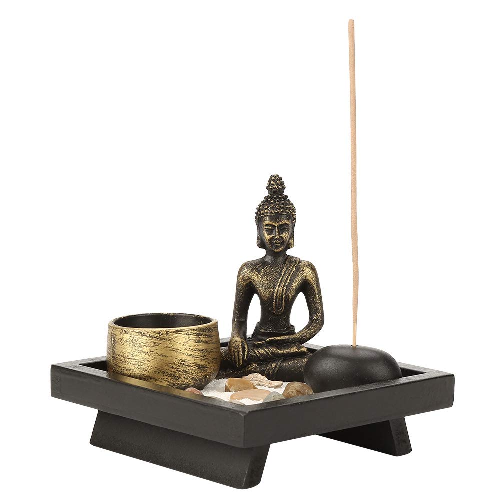 Desktop Zen Garden Kit, Mini Buddha Statue Tealight Candle Holder Ornament for Yoga Meditation Home Table Decor Gift