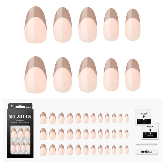 MUZMAK Reusable Press on Nails Long Medium Short 36Pcs Pink Fake Nails with Designs Red french tip Cute Gel (Cafe Latte (Almond))