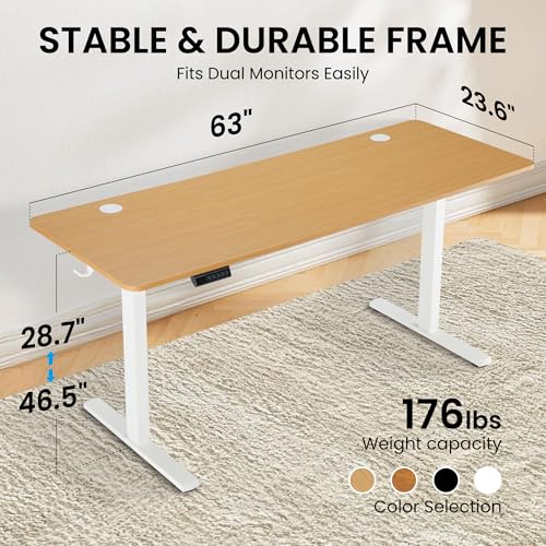 Hexago 63 x 24 Inch Electric Standing Desk, Adjustable Sit Stand Desk with Splice Board, 3 Memory Presets, Dual Hooks, T-Leg Frame – Oak