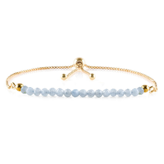 InfinityGemsArt Aquamarine Bracelets For Women March Birthstone Jewelry Micro Blue Beads Beaded Stone Bolo Slider Crystals Gemstones Bracelet, 14K Gold Plated Adjustable Chain, Mother's Day Jewelry For Mom
