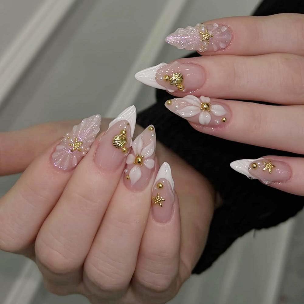 French Tips Press on Nails Medium Almond Fake Nails with 5D Flower Charm Design Glossy Pink Glitter Nails Press on Starfish Seashell Rhinestones False Nail Spring Summer Nail for Women Manicure 24Pcs