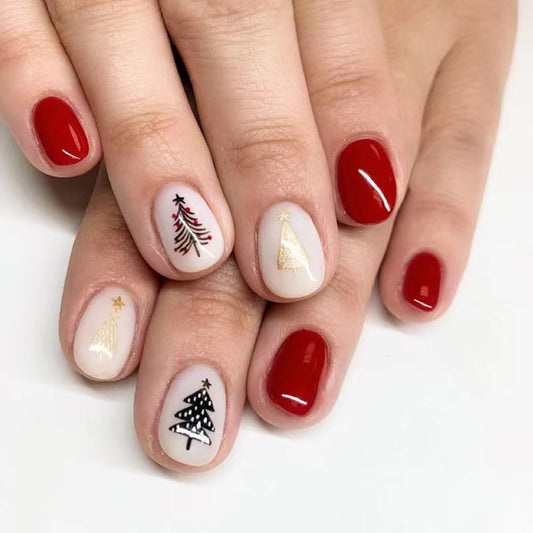 Christmas Press on Nails Short - Square Fake Nails with Xmas Tree Design - Red Full Cover Stick on False Nails - for Women 24 Pcs
