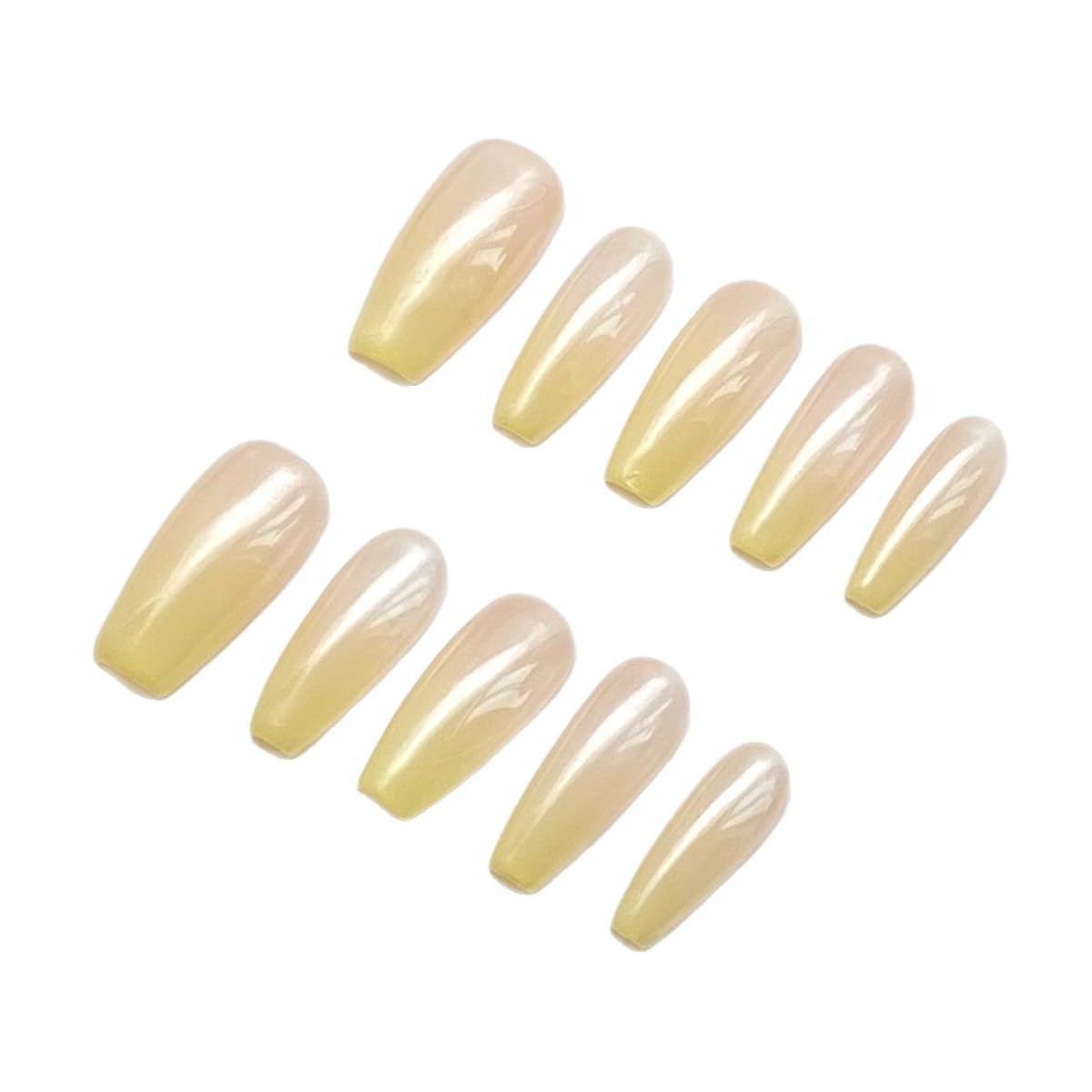 MIXNEX 10Pcs Press On Nails – Medium Long Coffin Mango Yellow Ombre Fake Nails for Petite Hands – Handmade Glossy Stick On Nail Tips with Storage Box & 5-in-1 Manicure Kit (Mango Yellow, Medium)