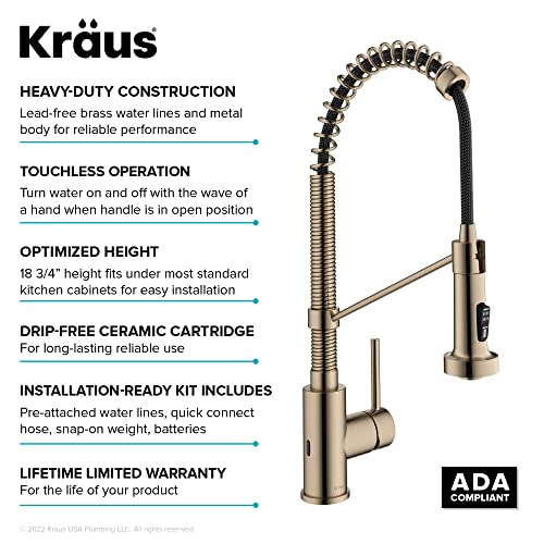 KRAUS Bolden Touchless Sensor Commercial Style 2-Function Single Handle Pull Down Kitchen Faucet in Spot-Free Antique Champagne Bronze, KSF-1610SFACB