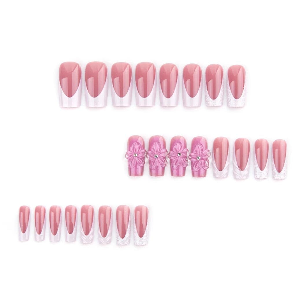 Foccna French Press on Nails Medium Long Pink Fake Nails Square Bling Glossy 3D Flower Design False Nail Tips Artificial Nails Finger Manicure for Women and Girls-24pcs