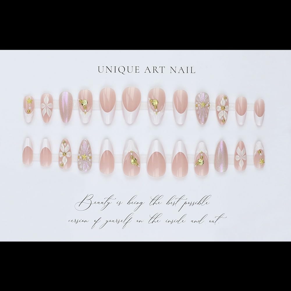 French Tips Press on Nails Medium Almond Fake Nails with 5D Flower Charm Design Glossy Pink Glitter Nails Press on Starfish Seashell Rhinestones False Nail Spring Summer Nail for Women Manicure 24Pcs