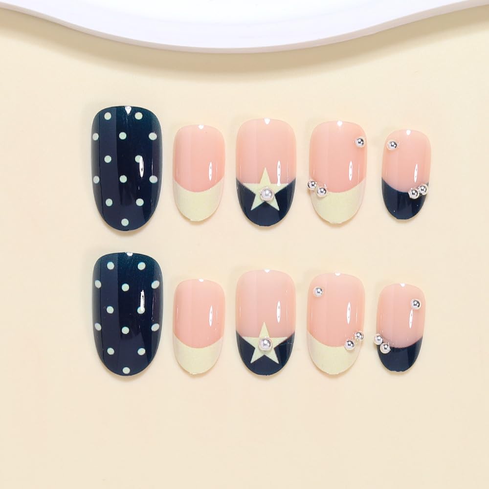 Yellow Polka Dot Press on Nails Medium Almond Fake Nails Star False Nails French Tips Nail Press ons with Rhinestones Glue on Nail Blue Full Cover Acrylic Nail Press ons for Women Manicure 24pcs
