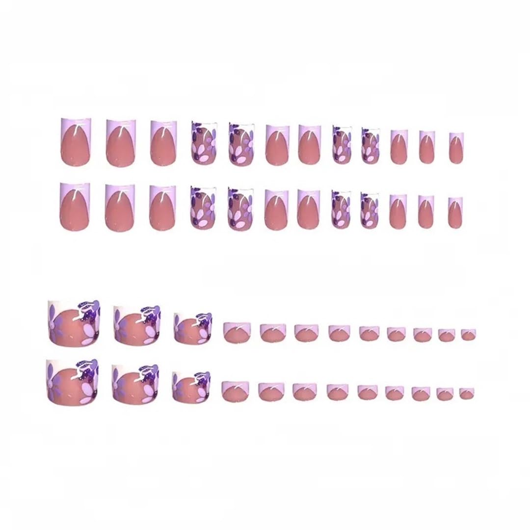 CTTHNBD Short Press on Nails & Square Press on Toenails Set, Purple French Tip Fake Nails with Flower Design - for Women 48 Pcs