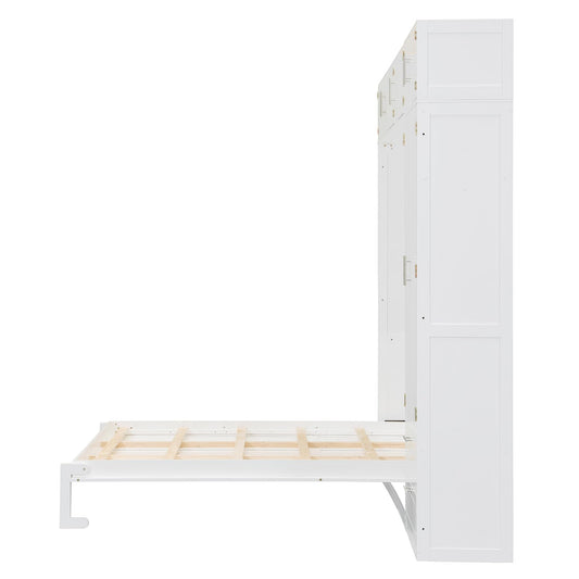 Merax Queen Size Murphy Bed with Shelves, Top Cabinet and Wardrobe, Fold into The Wall, Space-Saving Design Foldable Platform Bed Frame for Bedroom, Guest Room, Home Office, White