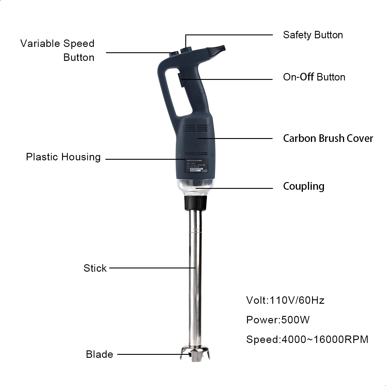 NJTFHU 16 in Heavy Duty Immersion Blender Handheld Kitchen, Hand Blenders for Kitchen, Commercial Mixer Electric, 500W Removable Shaft 2500rpm to 15000rpm, Emulsifier Blender Handheld