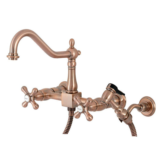 Kingston Brass KS124AXBSAC Heritage Wall Mount Bridge Kitchen Faucet with Brass Spray, Antique Copper