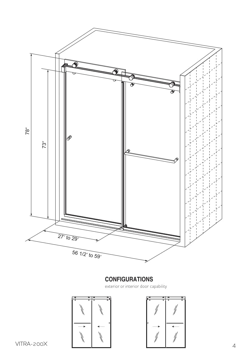 Eurotech Showers VITRA-200 56.5-59" W x 78" H Twinglide Frameless Shower Door w/ 3/8" Clear Tempered Glass (Brushed Nickel)