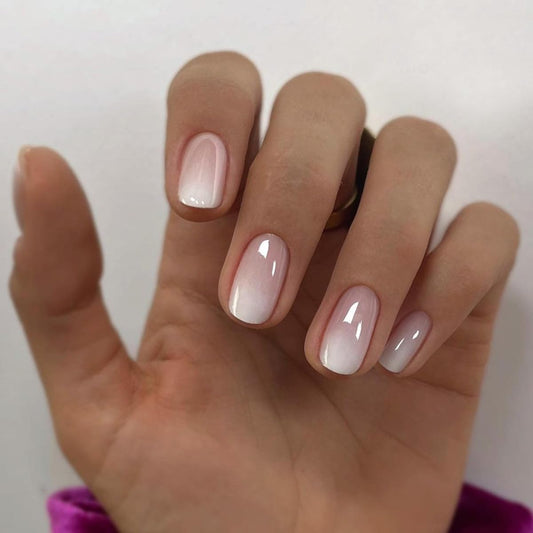 Short Press on Nails Square - Chrome White Fake Nails with Ombre Design - Solid Color Glossy Full Cover Stick on Nails for Women Manicure 24 Pcs