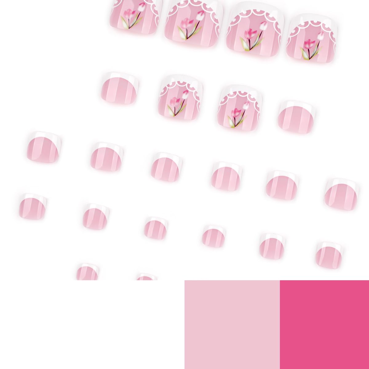 Press on Nails and Toenails Set - 48Pcs Medium Almond French Tip Fake Nails, Nude Pink Base with Tulip Floral Design, Reusable Glue on Nails for Women, Spring Summer Manicure & Pedicure Nail Kit