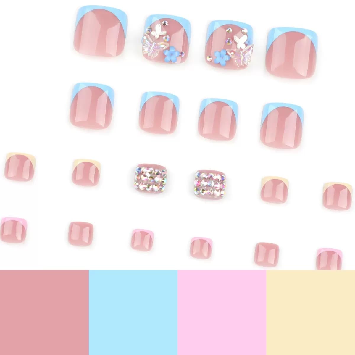 CTTHNBD Press on Toenails Short - Summer Fake Toenails with Butterfly Flower Charms Design - French Tip Press on Toenails for Women 24 Pcs