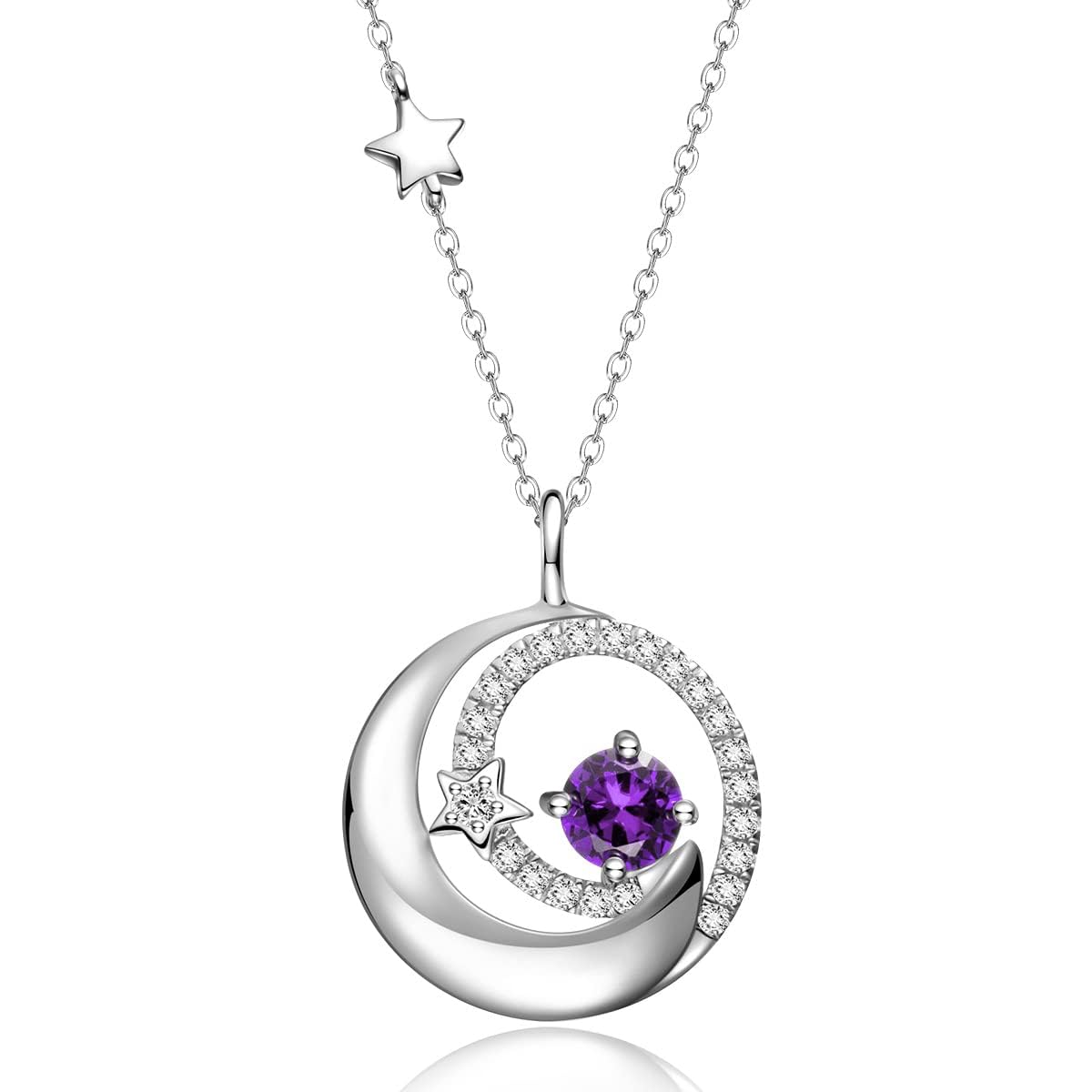 FANCIME 925 Sterling Silver February Birthstone Amethyst Necklace Moon Star Pendant Purple Gemstone Jewelry Birthday Anniversary Mothers Day Gifts for Women Daughter